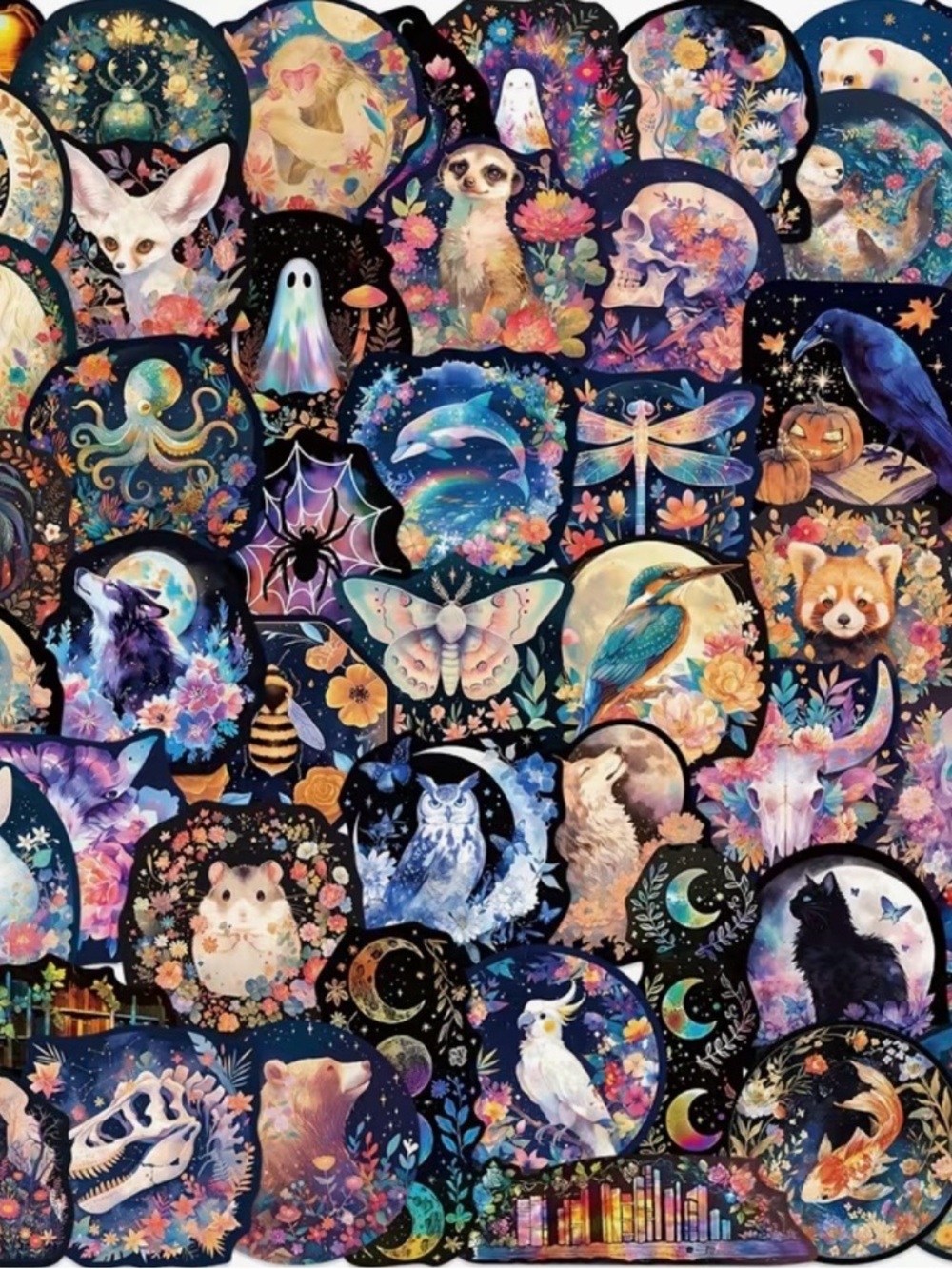 50 Mystical Animal Stickers Multicolor Shimmer Nature Moon Owls Cats Raven